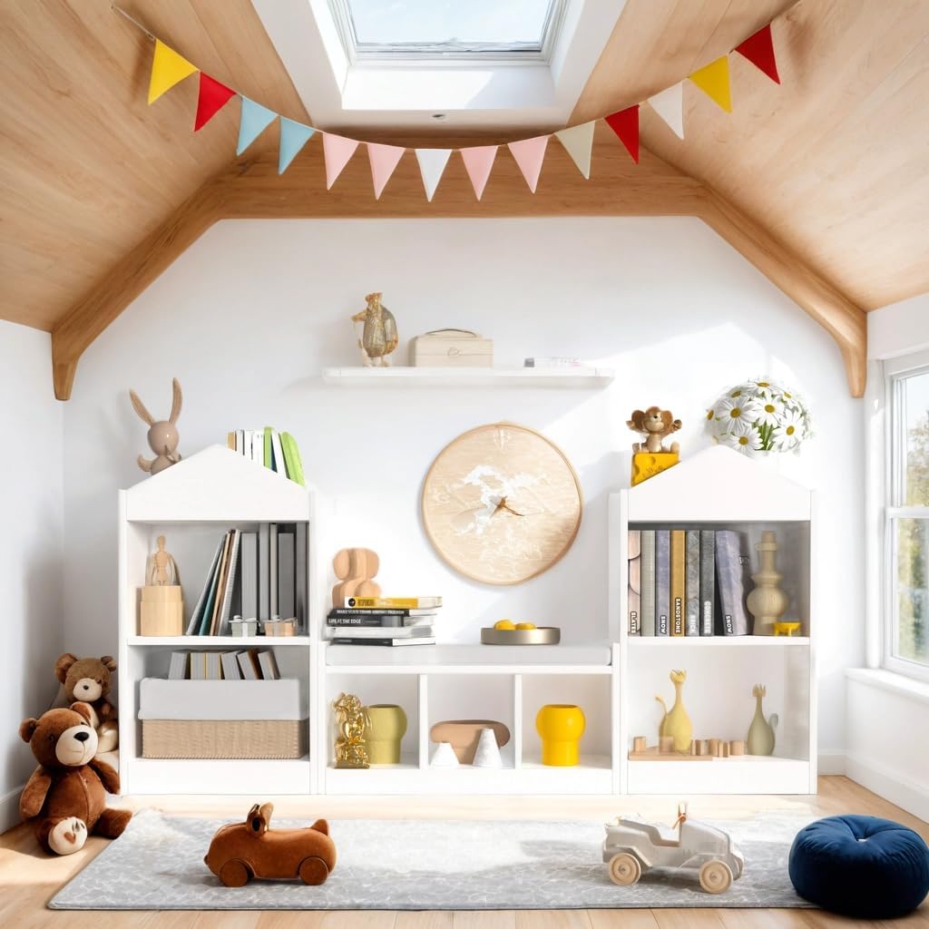 68.9“ Kids Bookshelf with Reading Nook, Toy Storage Organizer with Seat Cushion and 7 Storage Cubbies, Wooden Kids Bookcase, Toy Organizers and Storage for Nursery, Playroom, White