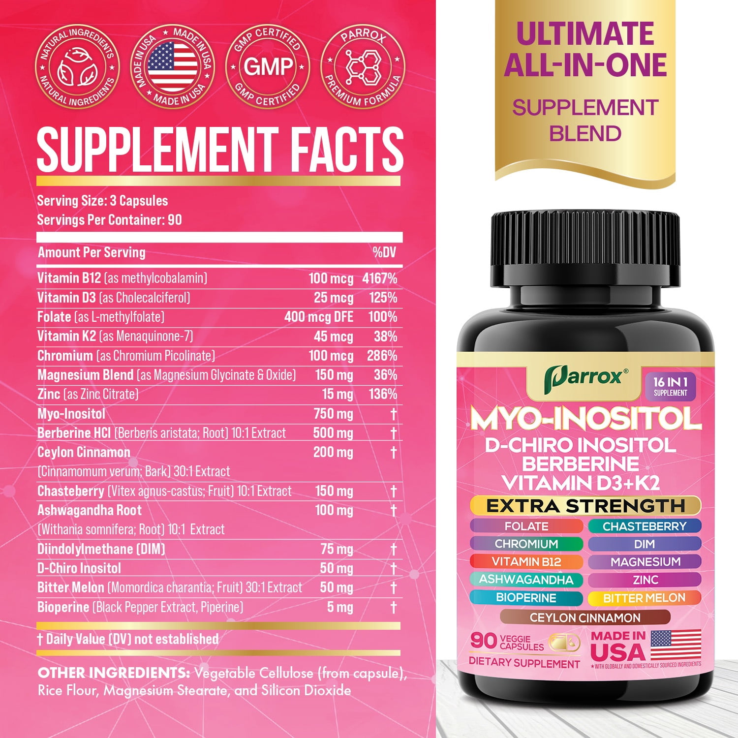 Parrox Myo-Inositol Supplement, Berberine, D-Chiro Inositol, Folate, Chromium, Vitamin D3, K2 & B12, DIM, Chasteberry, Ashwagandha, Ceylon Cinnamon, Zinc, Magnesium, Bioperine, Bitter Melon (2 Pack)