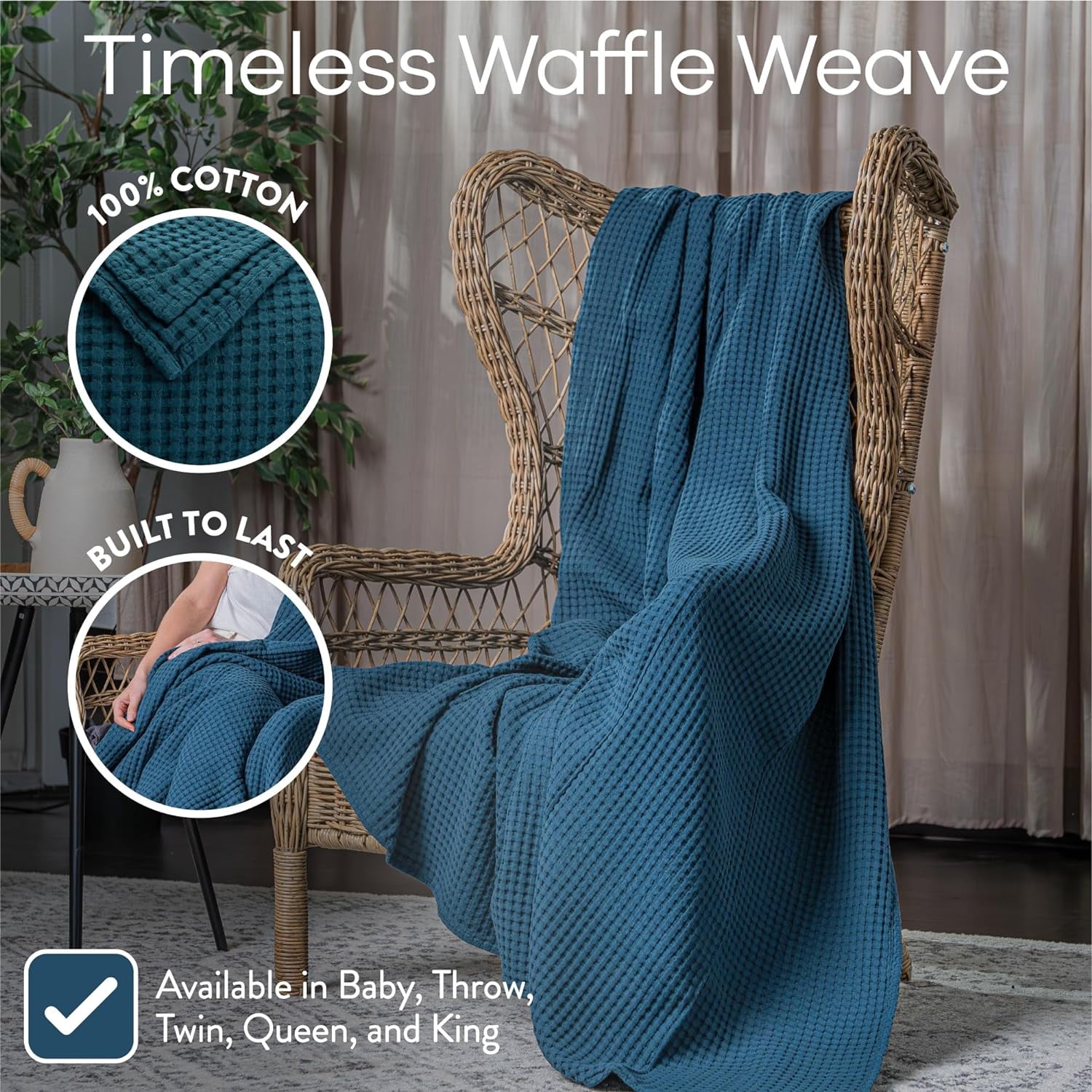 Comfy Cubs 100% Cotton Waffle Weave Blanket - Soft Lightweight Blankets (Neptune, 50" X 60")