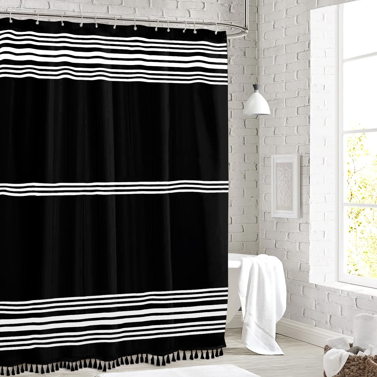 Seasonwood Black and White Shower Curtain Striped with Tassel Modern Bathroom Curtains, Fabric, Waterproof 72x72 inch