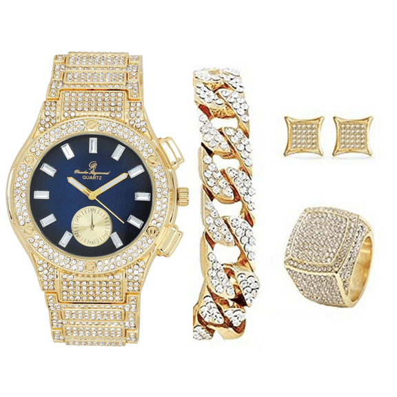 Bling-ed Out It's Lit! Hip Hop Watch & Jewerly Set w/Cuban Chain Bracelet, Kite Bling Earrings & Ring - GJM13 (12, ST10311 MB GLD Blue)