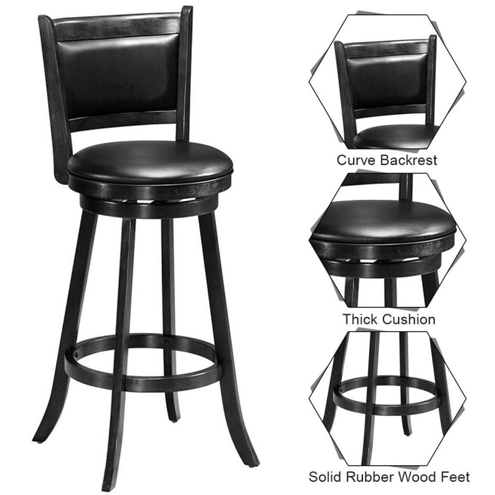 Demi Bonn Set of 2 Counter Height Swivel Bar Stool with Backrests, 29" Wood Dining Chair Barstool, Black