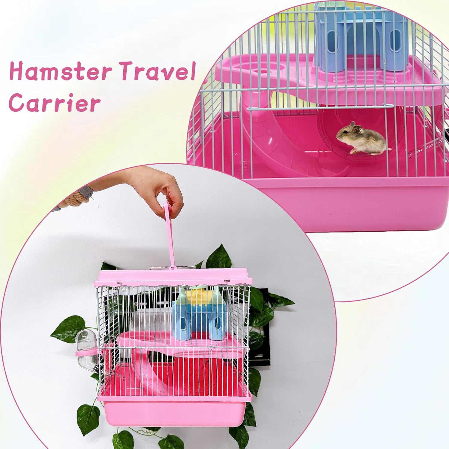 Portable Hamster Travel Carrier Cage with Water Bottle, Breathable Dwarf Hamster Carry Case for Outdoor Travel, Small Animal House for Gerbil Mice