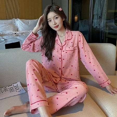 

PIKADINGNIS Autumn Winter New Warm Womens Pajamas Long-sleeved Trousers Two-piece Set Gauze Cotton Crepe Cute Soft Homewear Suit Women