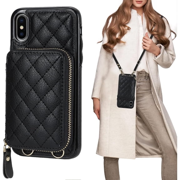 Crossbody Wallet Case for iPhone X Xs, RFID Blocking PU Leather Zipper Handbag Purse Flip Cover, Kickstand Folio Case with Card Slots Holder Wrist Strap Lanyard 5.8 Inch (Black)