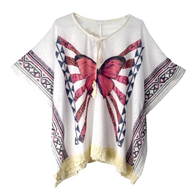 Peach Couture Butterfly Print Tasseled Light Weight Summer Cover up Cardigan White