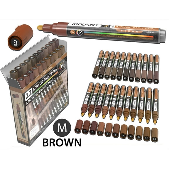 22 Acrylic Paint Pens (BROWNS) Pro Color Series Set (3mm MEDIUM)