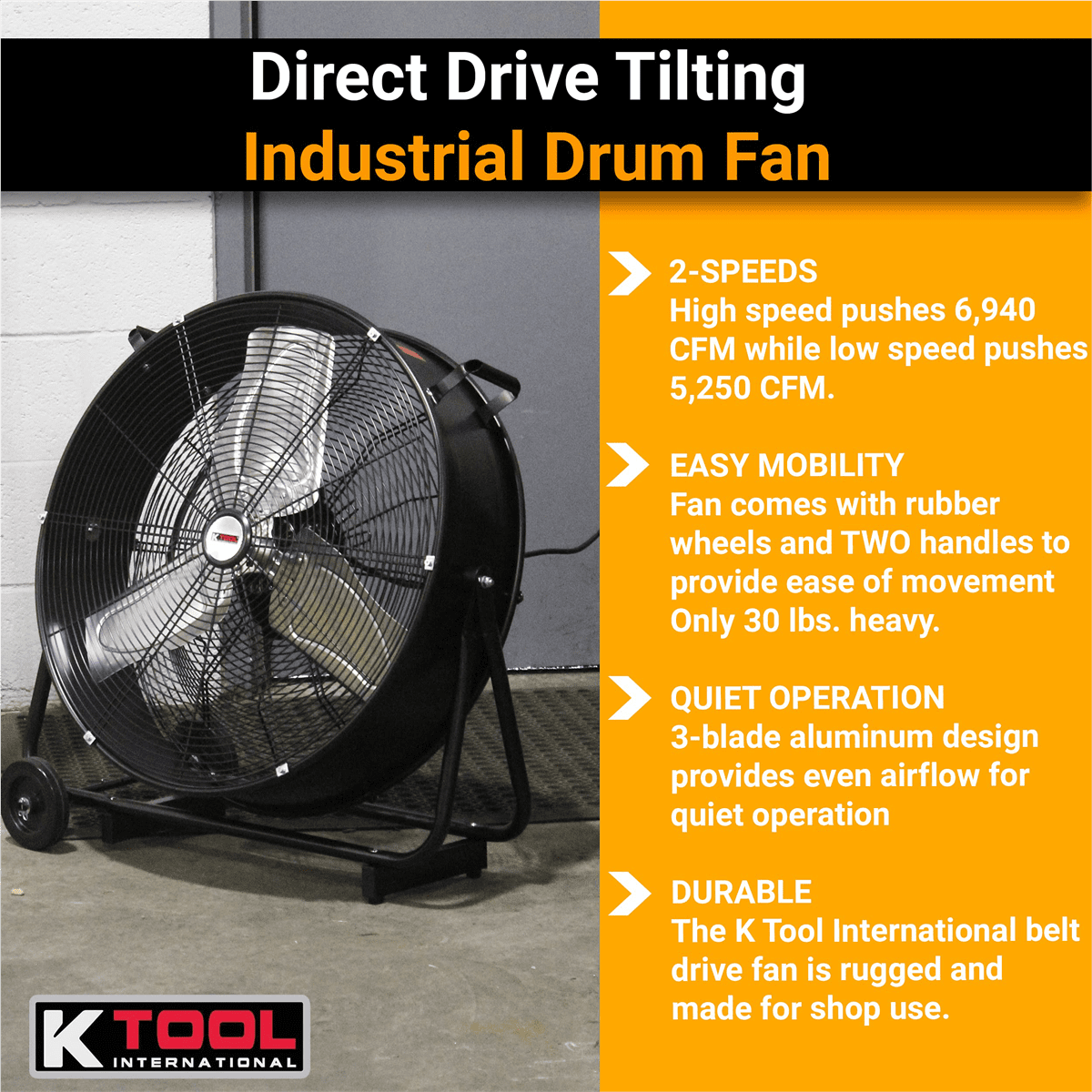 K Tool High Velocity 24 Inch Heavy Duty Fan, 2 Speed for Industrial Residential, 6940 Max, Black