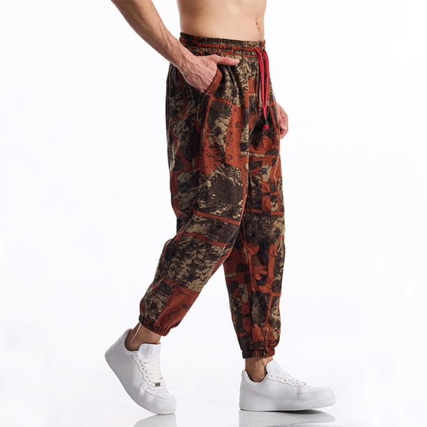 Pantalones largos para hombre, informales, de moda, con cintura elástica, estampados, parte inferior elástica, pantalones largos de lino y algodón.