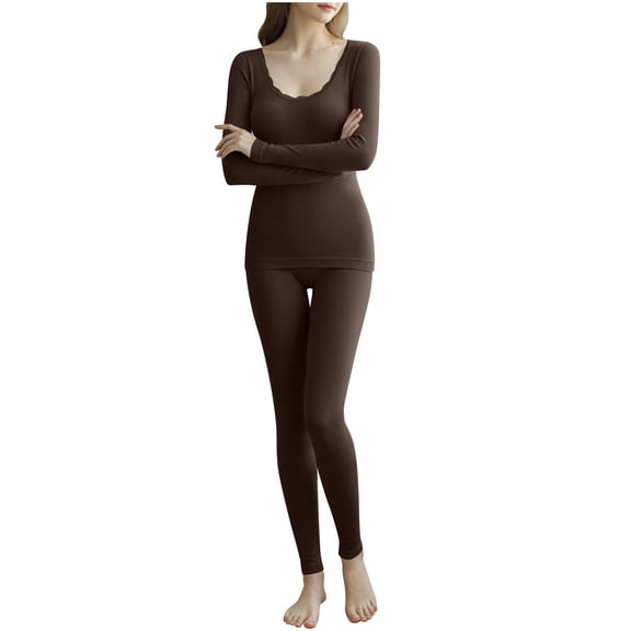 successthop Thermal Underwear for Women Set Soft Long Sleeve Crewneck Heated Tops and Comfortable Leggings Solid Brown