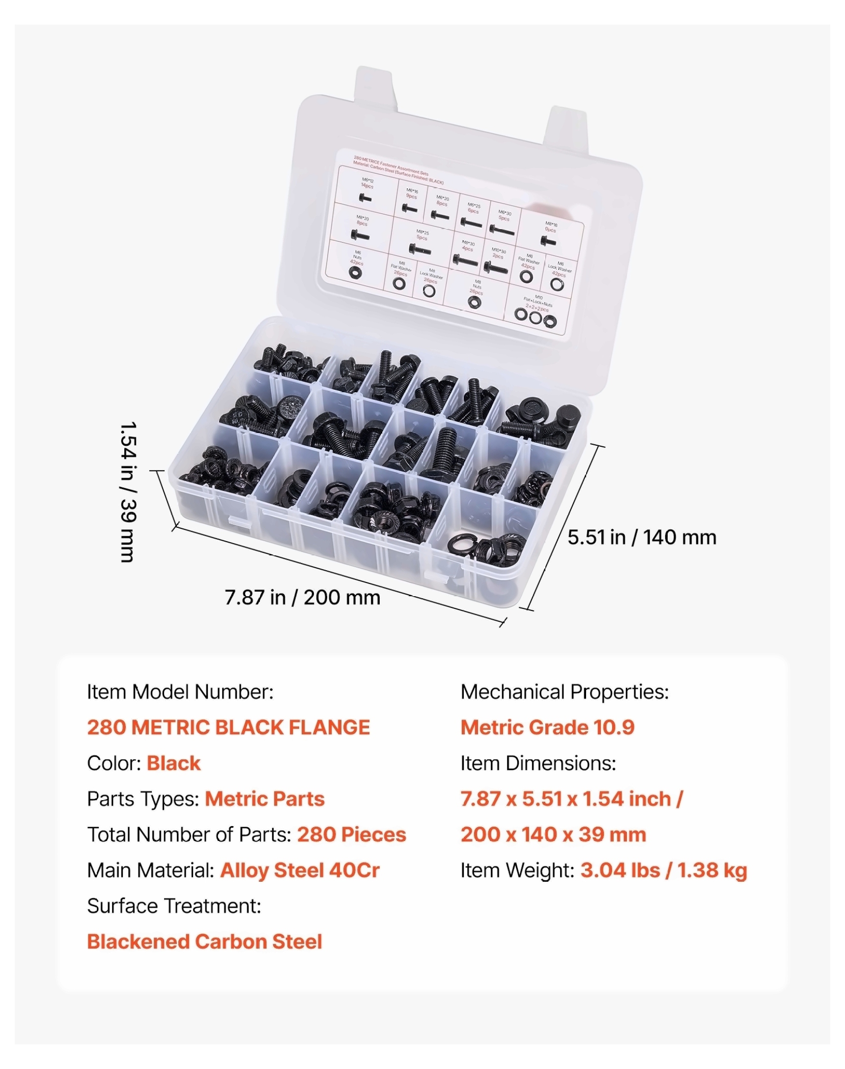 280 Pcs Metric Bolt Nut Assortment Kit - M6 M8 M10 Alloy Steel Fastener Set - Repair & DIY Hardware - Organized Storage Box Included