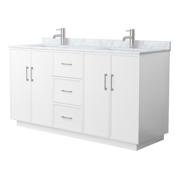 Wyndham Collection WCH747466DWHCMUNSMXX 66 in. Elan Double Bathroom Vanity with Toe Kick in White, White Carrara Marble Countertop - Undermount Square Sink - Brushed Nickel Trim