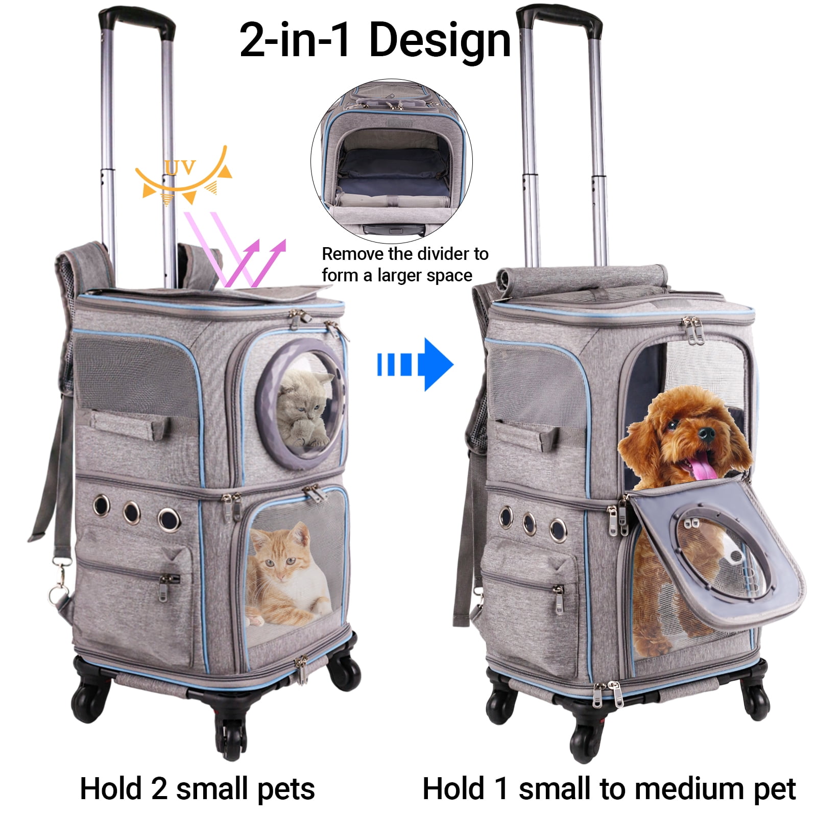 2-in-1 Pet Carrier Backpack for Two Cats or One Dog with Puller & Roller, Double-Layer 2 Compartment Carry Bag to Transport Small Animals Traveling and Hiking, Space Capsule Clear Bubble Dome