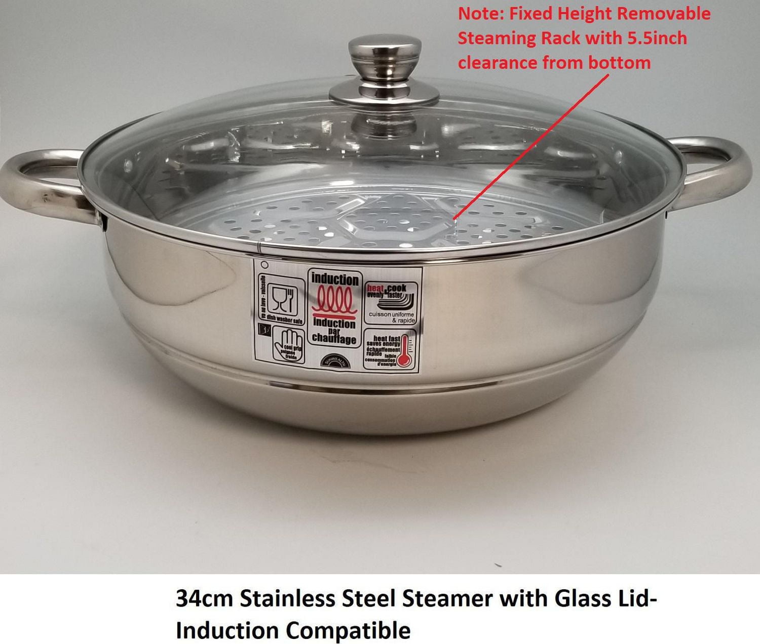 Sunwealth Stainless Steel Steamer 34cm with Glass Lid and removable steaming rack.