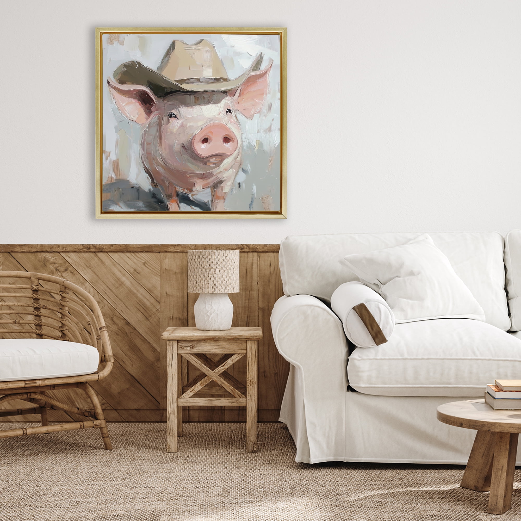Stupell Industries Cowboy Chester Pig Gold Framed Floater Canvas Wall Art, design by Tina LeCour