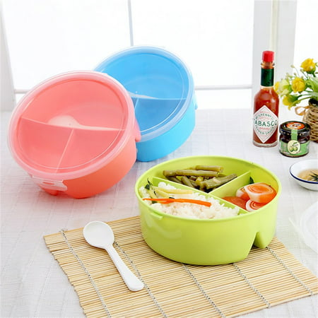 Portable Round Kids Lunch Boxes with 3 Partition Grids Picnic Bento Food Container Storage with Spoon Random Color