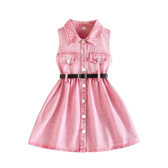 Pink Jean Dress for Girls Kids & Kids, Sleeveless Summer Dress with Adjustable Belt, Casual Denim Jumper,Size 6 T