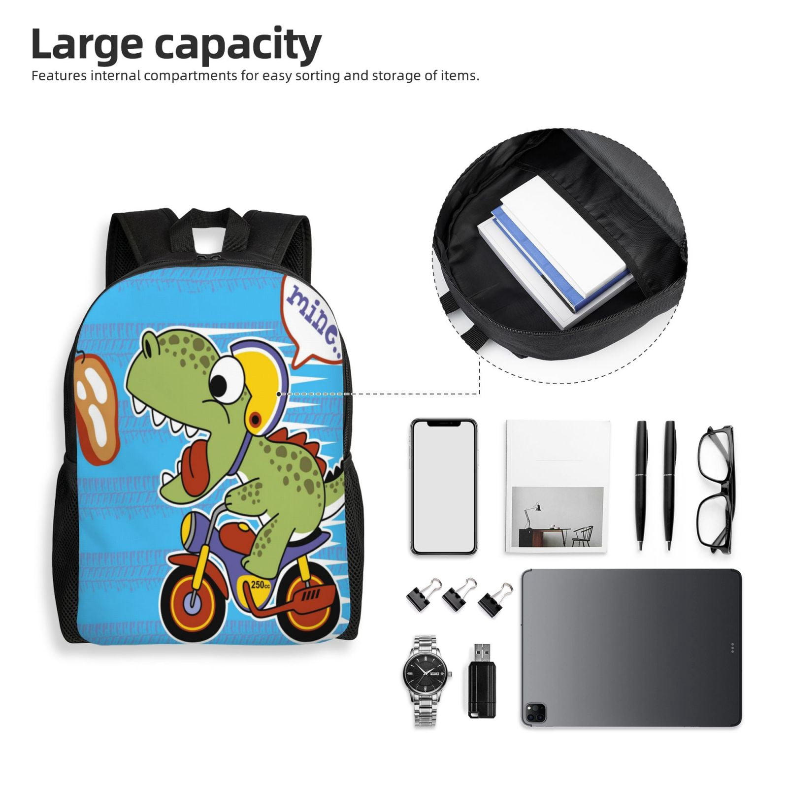 Xecao Dinosaur Riding a Motorcycle Print School Backpack with Laptop Compartment Small Travel Laptop Backpack for Women Men Waterproof College Backpack Simple School Bag