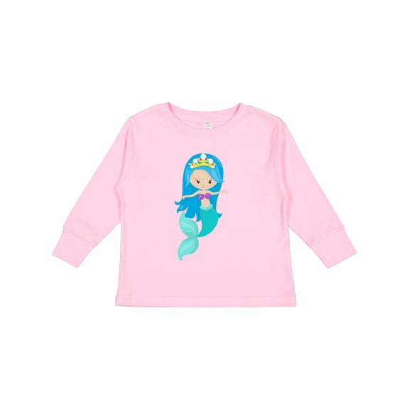 Inktastic Cute Mermaid, Blue Hair, Little Mermaid, Crown Girls Long Sleeve Toddler T-Shirt