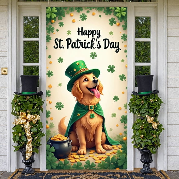 Green Theme St. Patrick's Day Banner Shamrock Pattern Festival Display Leprechaun Hat Pet Dog Design Shamrock Backdrop for St. Patrick's Day Party Festival Holiday Decoration