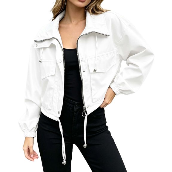 Jane Wardrobe Cropped Utility Jacket for Women, Zip Up Drawstring Hem, Long Sleeve Casual Windbreaker with Pockets, 1 Piece, S-XXL, Plus Size Friendly
