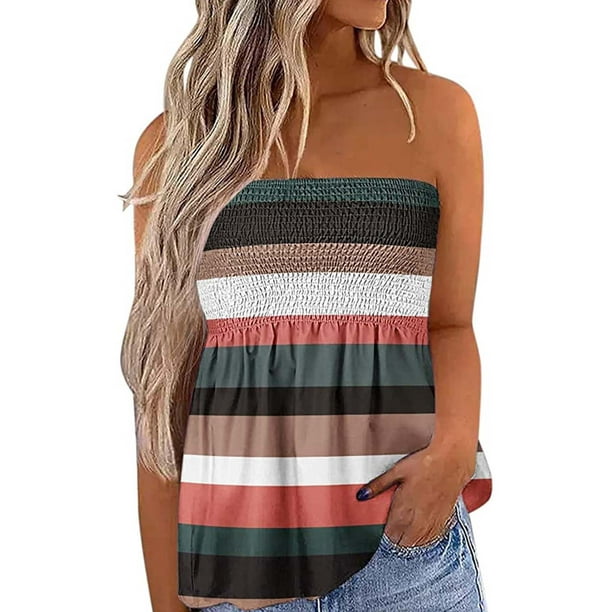 SAYOO Camisetas Sin Tirantes para Mujer, Sin Mangas Plisadas Color Degradado/Pluma/Raya/Flor/Bandera Pullover, Tops Sueltos de Verano para Mujer SAYOO casual