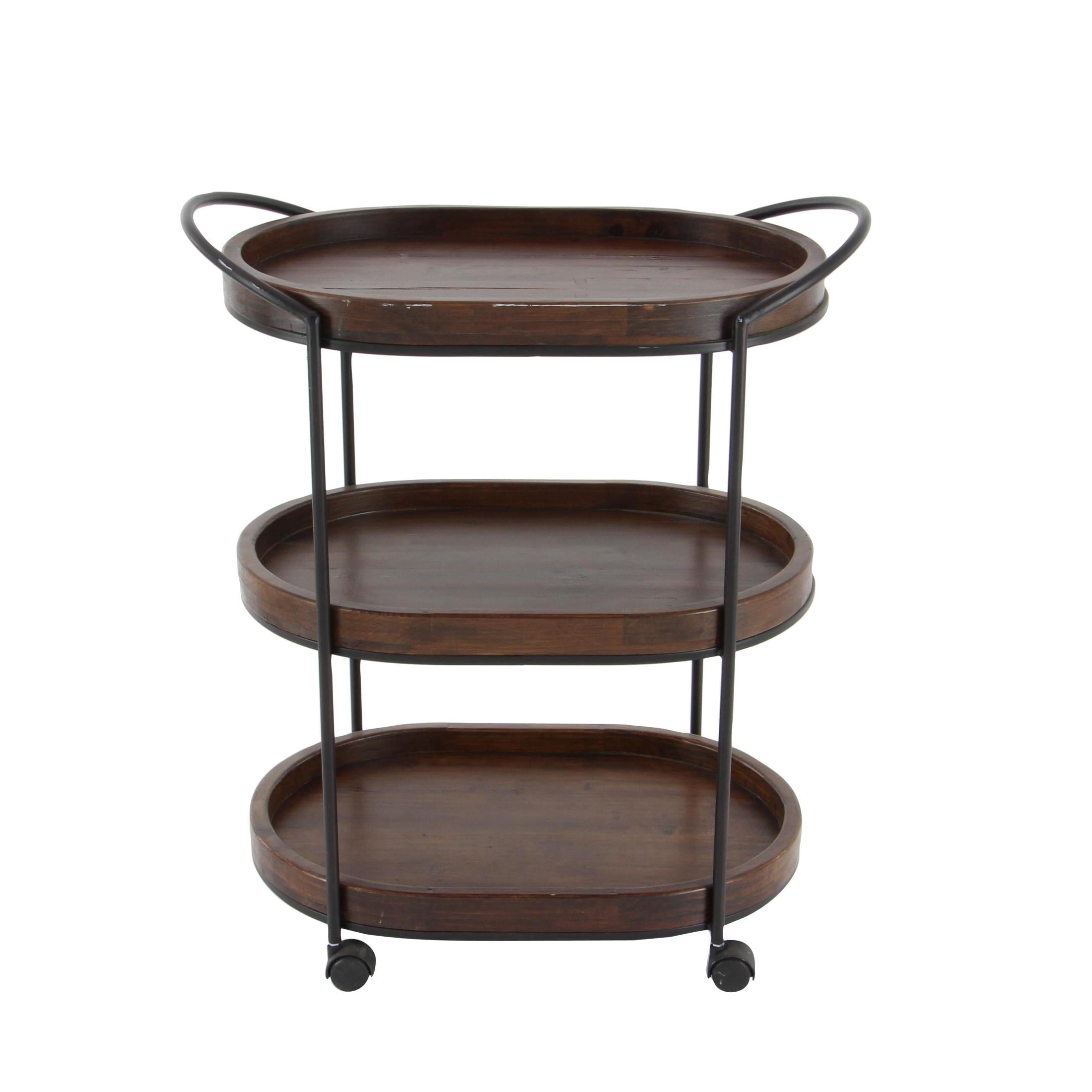 DecMode 25" x 30" Brown Wood Rolling Oval 3 Shelf Bar Cart with Black Metal Frame, 1-Piece