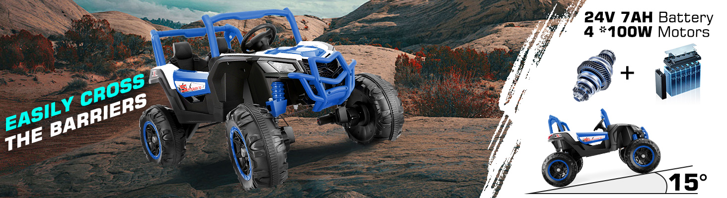 Farmdex 4WD 24V Ride on Toys 2 XL Seater Kids Ride on Cars w/ Remote Control, 4*200W Motor, Electric Off-Road UTV 7AH Battery Powered 4-Wheeler Vehicle w/ Bluetooth, Music, 3-Speed, LED Light, Blue