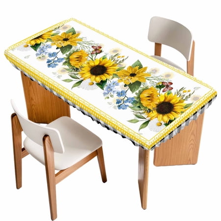 Sunflower Table Cloths for 5 Foot Rectangle Tables Yellow Flowers Black White Plaid Farmhouse Botanical Patio Waterproof Elastic Fitted Tablecloths Washable Rectangular Table Cover for Camping
