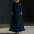 thumbnail image 3 of BRGZLK Women Maxi Dresses Solid Color V Neck Long Sleeve Cotton Linen Beach Sundress Lightweight Casual Loose Flowy Dress with Pockets Navy XL, 3 of 8