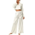 thumbnail image 2 of INSPIRE CHIC Women's Satin Pajama Fashion Crop Button Down Shirt Long Pants 2 Piece Outfits Set Nightwear XS White, 2 of 5