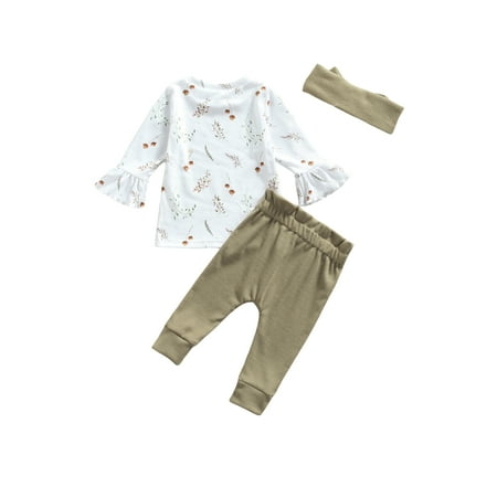 

LisenraIn 3pcs Infant Baby Girls Clothes Flowers Printed Knit Tops Pants