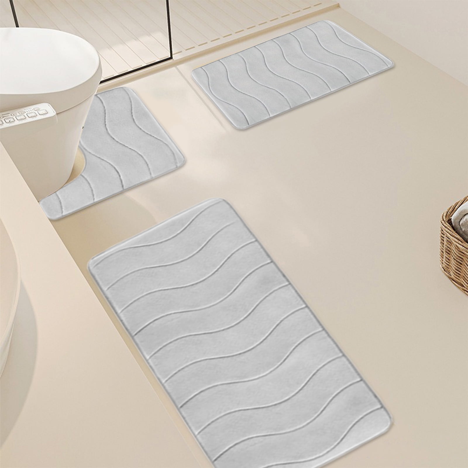 Beautynvta Memory Foam Bath Mat Set, 3 Pieces Quick-Dry Absorbent Bath Mats and U-Shaped Contour Rug for Bathroom, Non-Slip and Soft Comfortable, Gray
