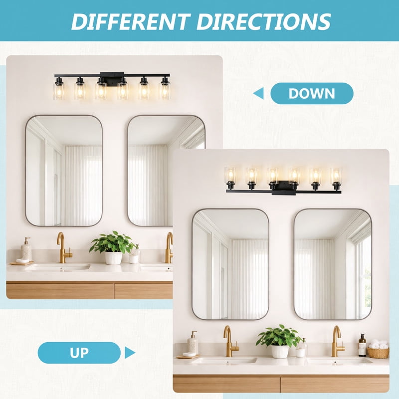 HKMGT 6-Light Bathroom Vanity Light, Black Wall Sconce with Clear Glass Shade E26 Base, Anti-Rust Up/Down Mount for Bathroom, Bedroom