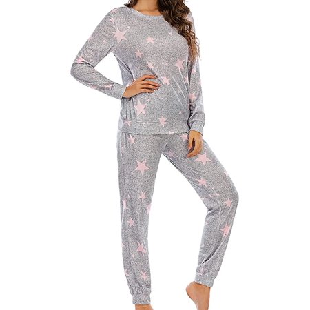 

DanceeMangoo Women Star Pajama Set Long Sleeve Sleepwear Two-Piece Round Neck Nightwear Soft Comfy Pjs Indoor Wear