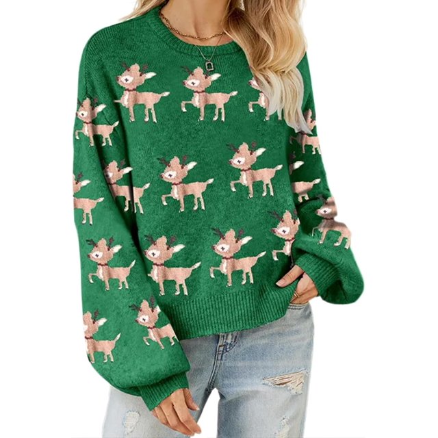 Pull de Noël pour Femmes avec Motif de Renne Manches Longues Col Rond Décontracté pour Fêtes