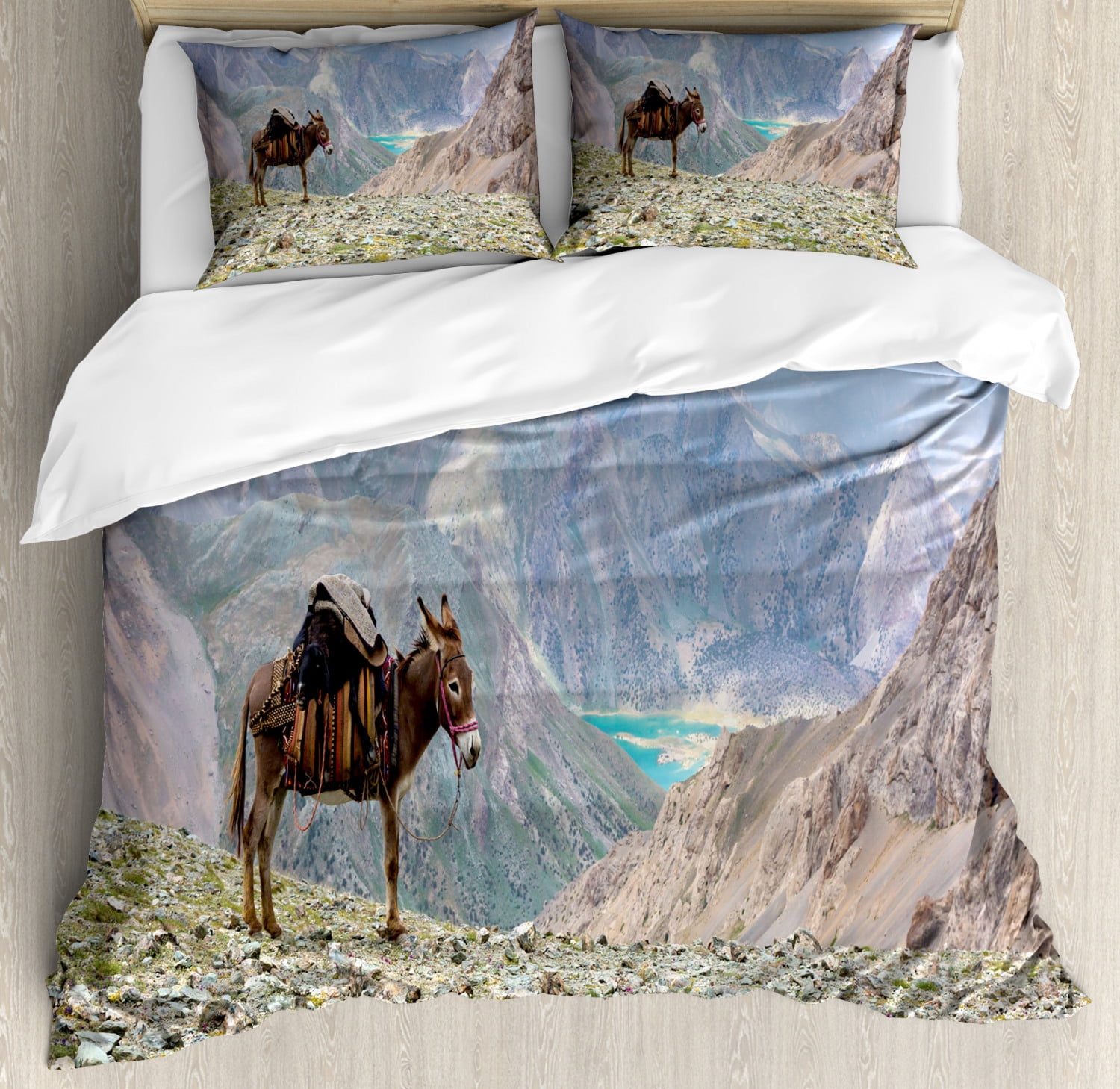 Donkey Duvet Cover Set Queen Size, Animal with Traditional Harness