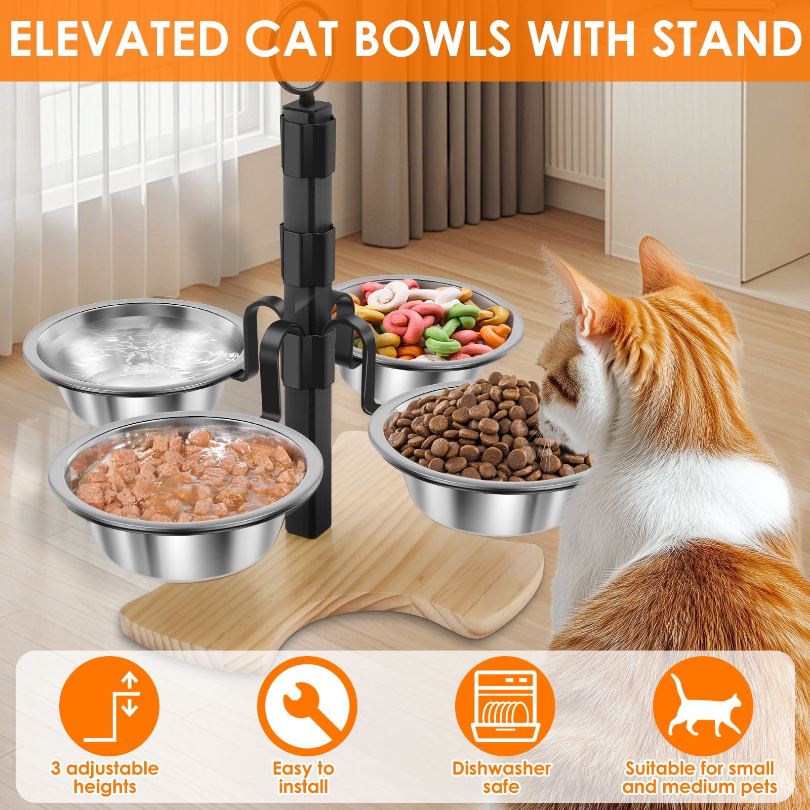 Elevated Cat Bowls with Stand 3 Height Adjustable Pet Feeding Station​ with 4 Stainless Steel Bowls Stable for Small Medium Pets