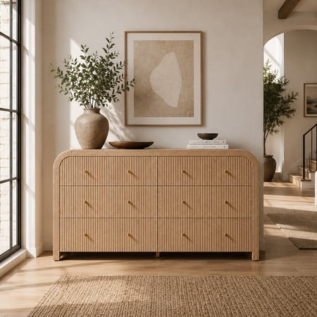 KeyWhat 54" Modern 6-Drawer Dresser, Fluted Chest of Drawers with Curved Profile, Wood Storage Cabinet for Bedroom and Living Room, Natural Oak