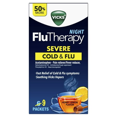Vicks FluTherapy SEVERE Cold & Flu Nighttime, Hot Drink, Soothing Vapors, Relieves Nasal Congestion, Sore Throat, Aches, Fever, Cough, Honey Lemon (The Best Over The Counter Cold Medicine For Adults)