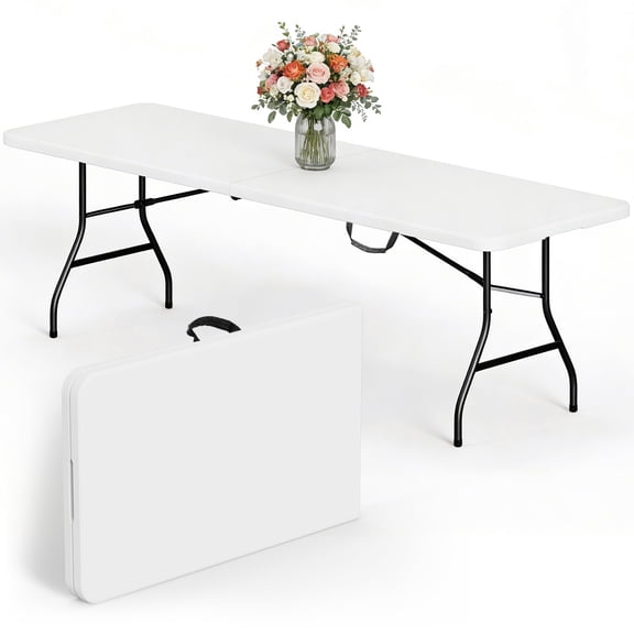 HaiCube 8 Foot Plastic Folding Table Portable Heavy Duty Rectangular Table with Carry Handle, Indoor Outdoor for Camping Picnic Party Dining, White