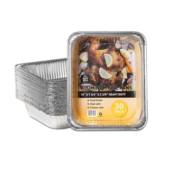 30 Count Aluminum Foil Pans, 10"x7.75"x2.4", Food Grade, Disposable, No Lids