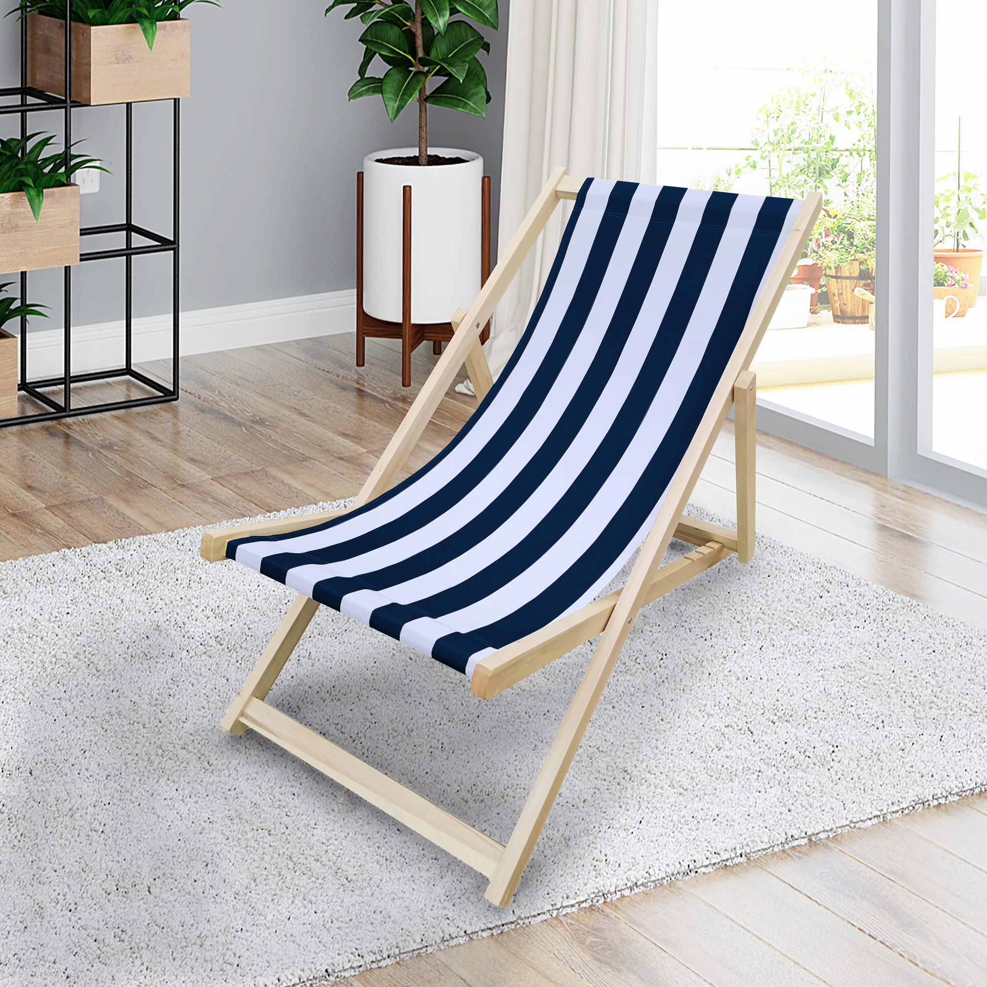 MONSTRUNO Stripe Chaise Lounge Chair - Garden Outdoor Folding Lounge Chairs Wood, Stacking Sling Chaise Lounge, Dark Blue - image 1 of 7