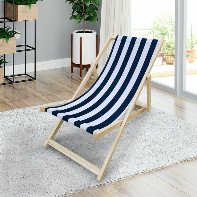 MONSTRUNO Stripe Chaise Lounge Chair - Garden Outdoor Folding Lounge Chairs Wood, Stacking Sling Chaise Lounge, Dark Blue