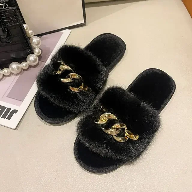 Fashion Chain Design Women Home Slippers Solid Color Open Toe Indoor 2022 Winter Flat Non-slip Leisure Interior Female Shoes
