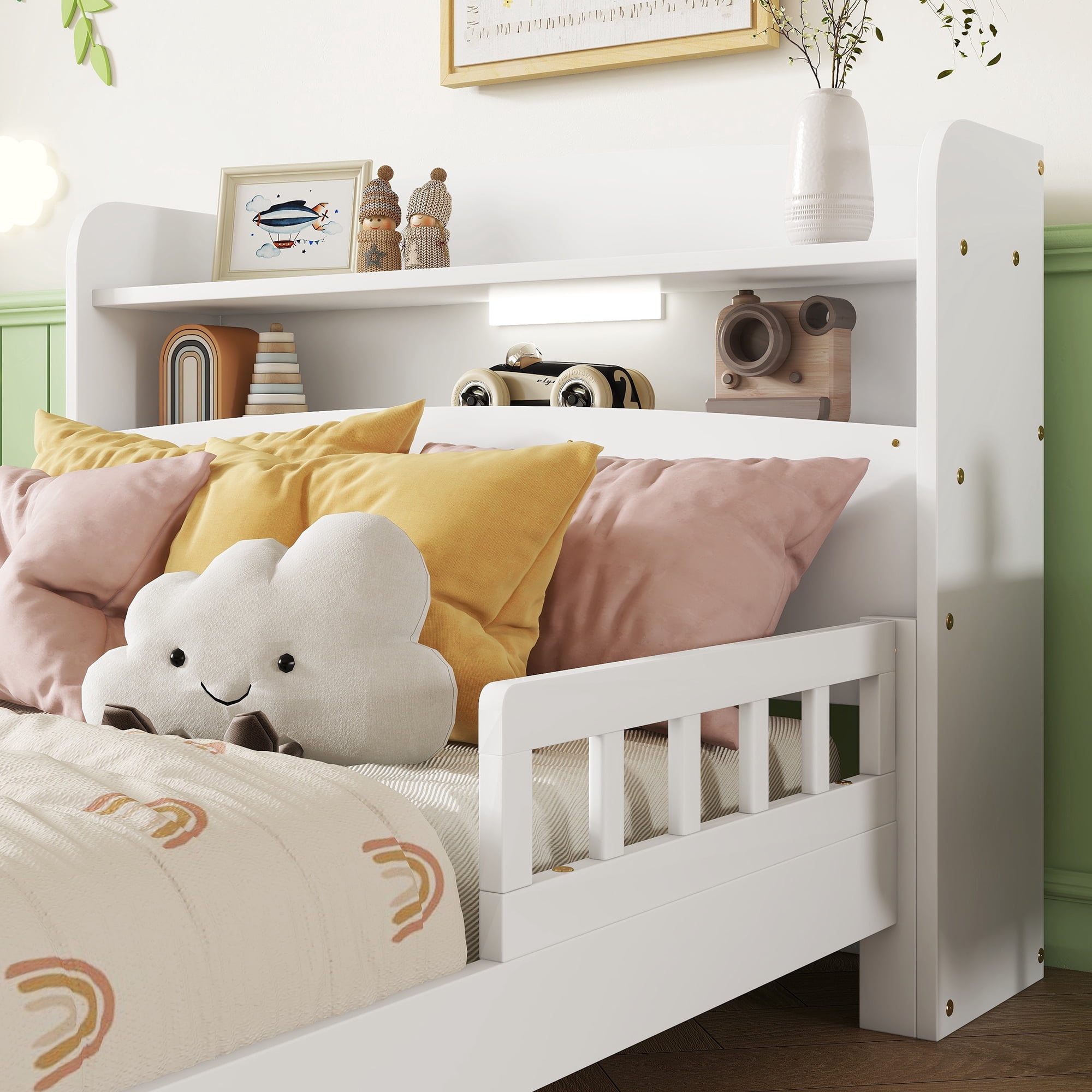 Leumius Twin Pine Wood Bed with Bookcase Headboard, LED Motion Sensor Light, Guardrails for Boys Girls White
