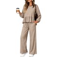 thumbnail image 4 of Szluipve Women Gingham Plaid 2 Piece Outfit Long Sleeve Ruffle Hem Loose Top Wide Leg Cropped Pants Casual Loungewear Set Khaki M, 4 of 4