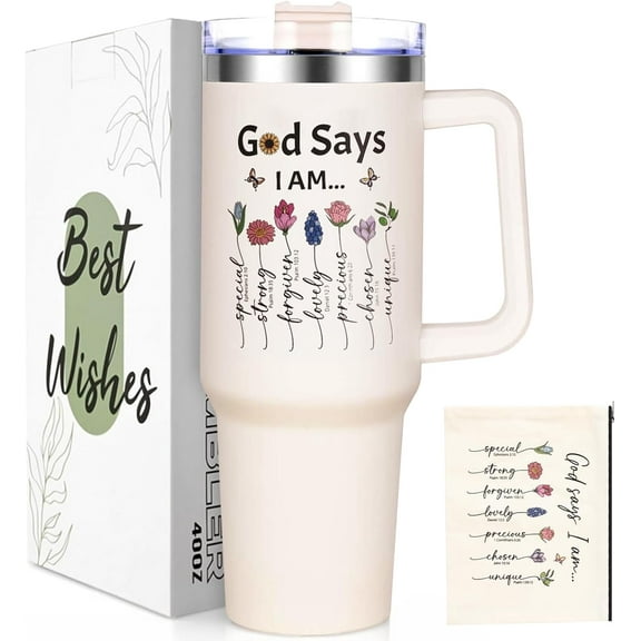 Christian Gifts for Women, Christian Gifts for Women Faith, God Says I am 40 oz Tumbler with Makeup Bag, Mothers Day Gifts Birthday Gifts Religious Gifts for Women Mom Sister Bff (Cream)