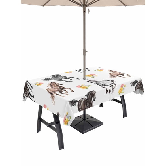 Outdoor Tablecloths with Umbrella Hole & Zipper, Spring Flowers 60 x102 Inch Rectangle Tablecloths, Black Brown White Horse Country Vintage Waterproof Table Cloth, Patio/Pool/Picnic Table Covers