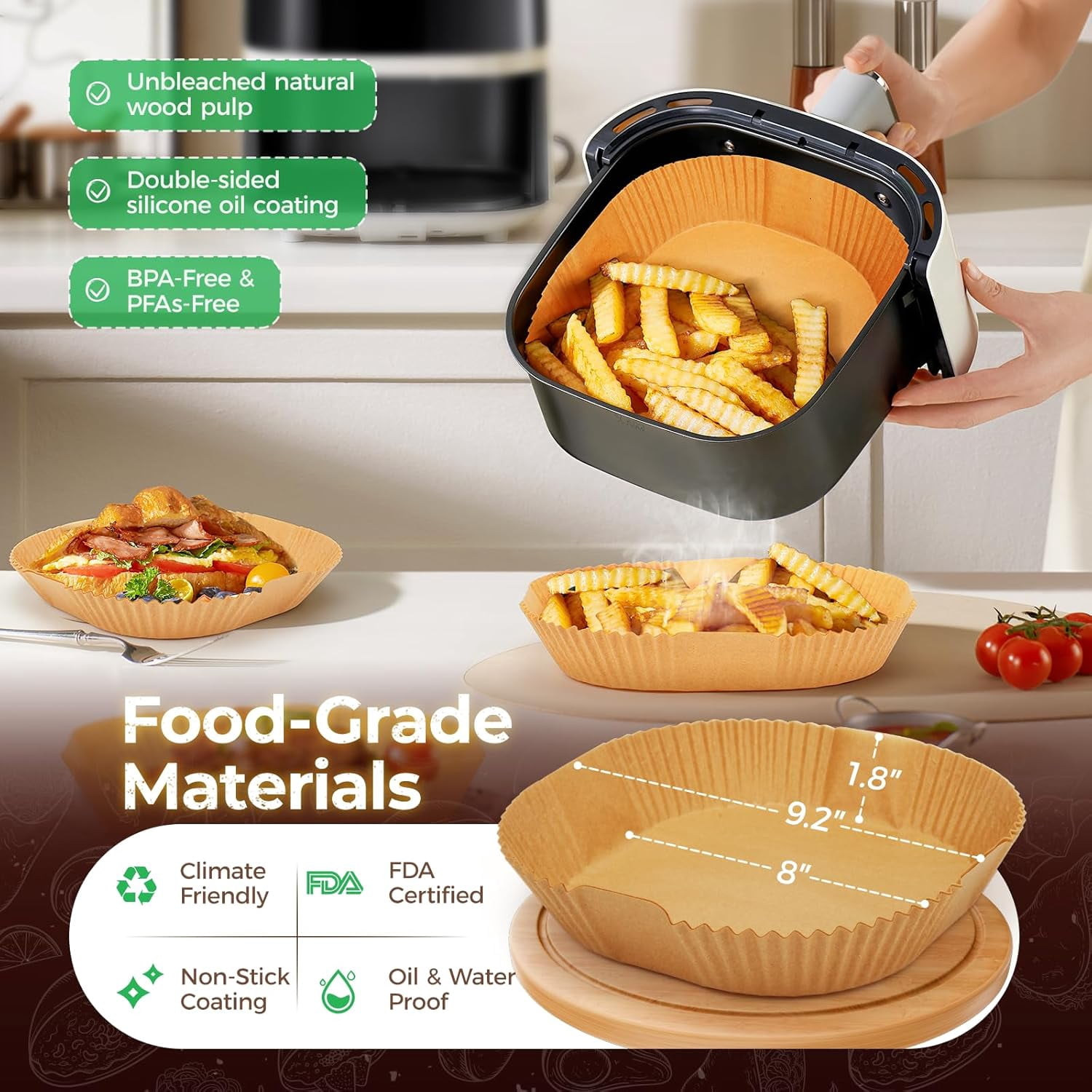 Liners Disposable, 100 PCS Non-Stick Paper Liners, Waterproof and Oilproof for Easy Cleanup, 8" Square Unbleached Parchment Paper for 5-8 QT , Baking, Microwave, Oven